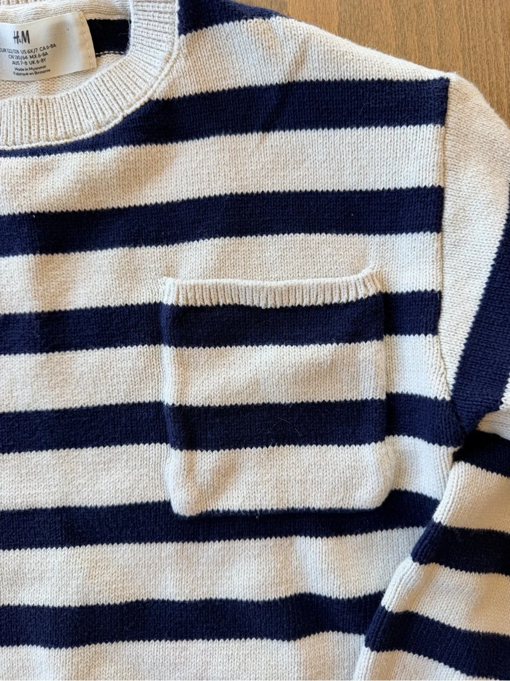 3/$25 H&M Kids Navy White Striped Cotton Pocket Sweater Size 6X/7